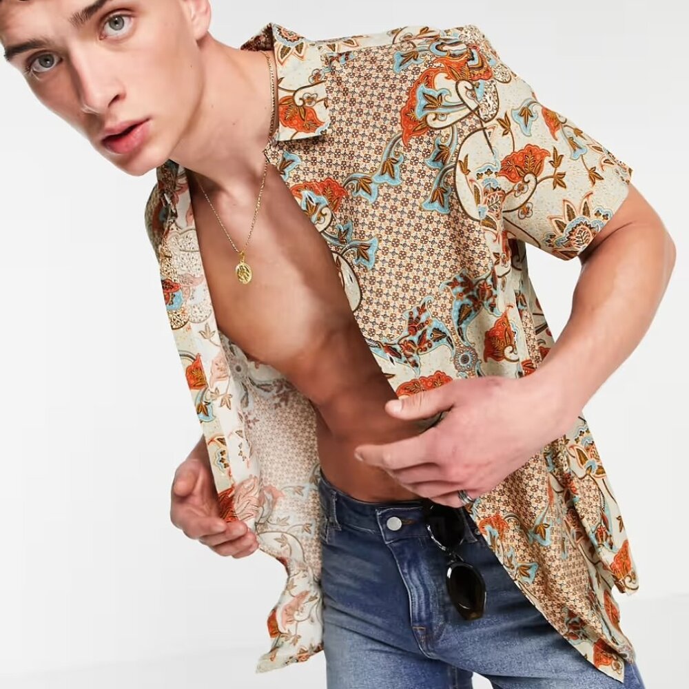 NEW ASOS DESIGN regular shirt in paisley print in tan